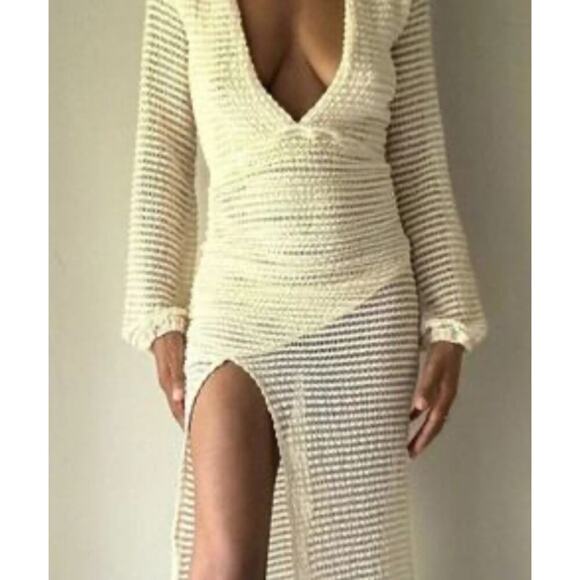 Fore Fly Me Out Cream Plunging Neckline Crochet Maxi Dress, S - Picture 2 of 10